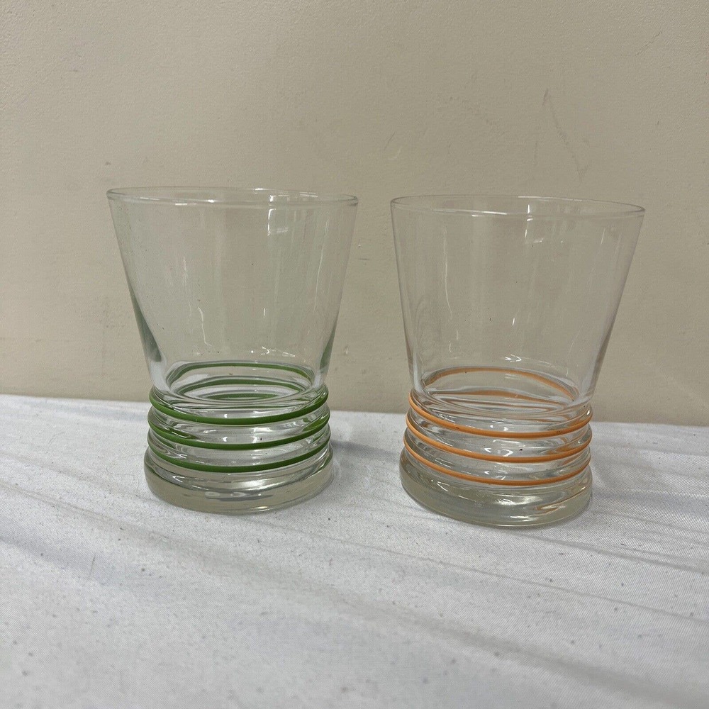 2 Fiesta Ware Green & Orange Band Glass Tumbler Glasses 4.25" FS Benefits Chrty